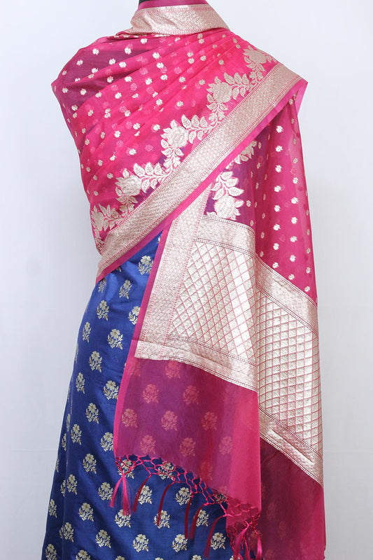 Blue Banarasi Silk Suit With Pink Banarasi Organza Dupatta - Luxurion World