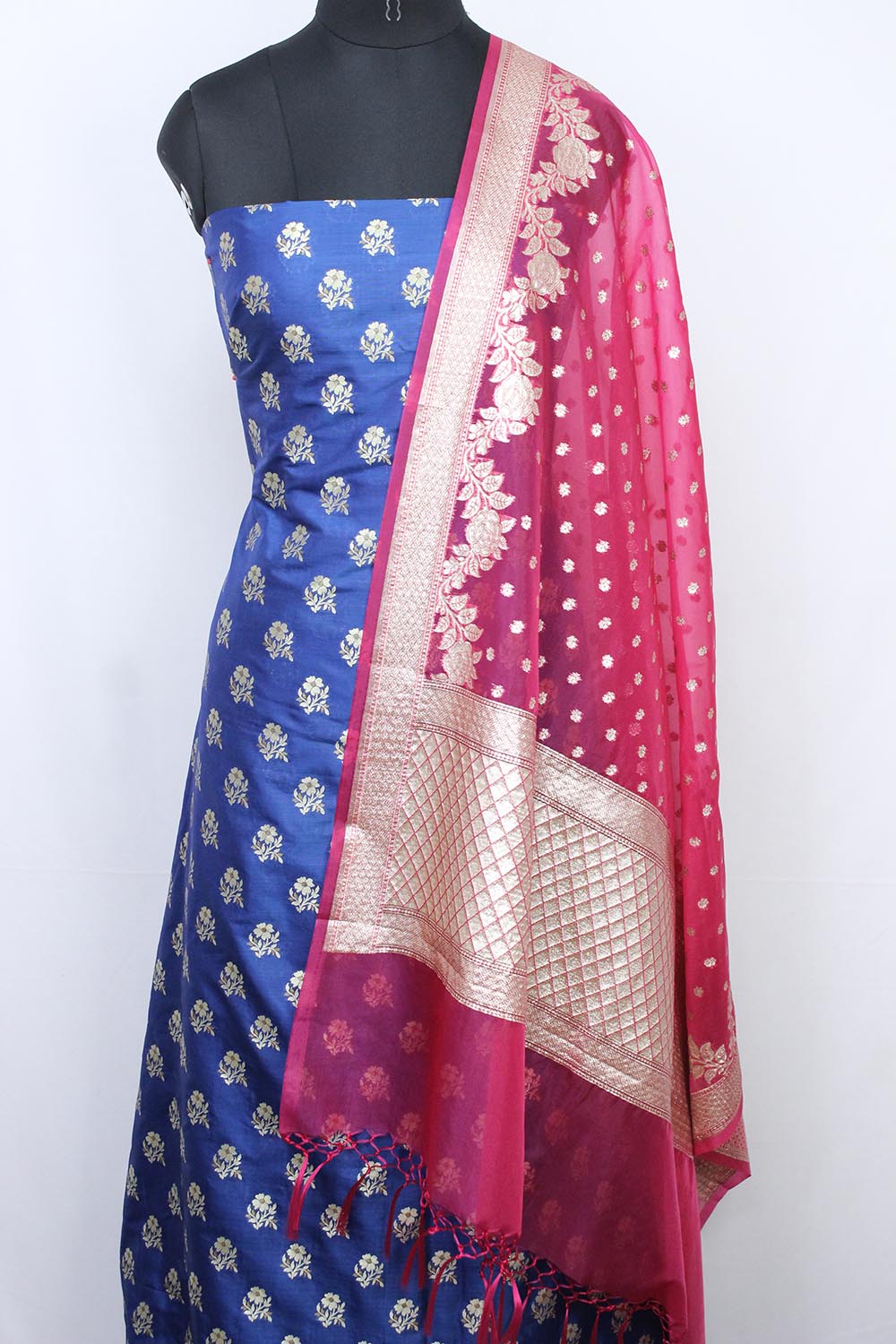 Blue Banarasi Silk Suit With Pink Banarasi Organza Dupatta - Luxurion World