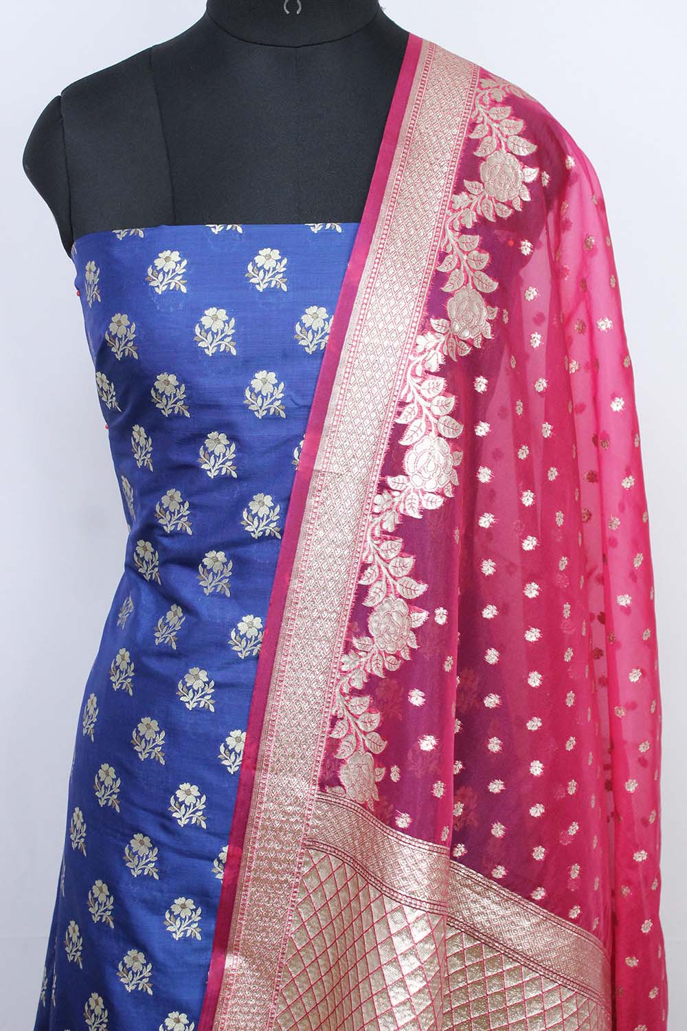 Blue Banarasi Silk Suit With Pink Banarasi Organza Dupatta - Luxurion World