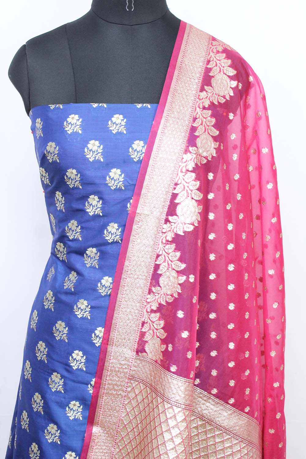 Blue Banarasi Silk Suit With Pink Banarasi Organza Dupatta - Luxurion World