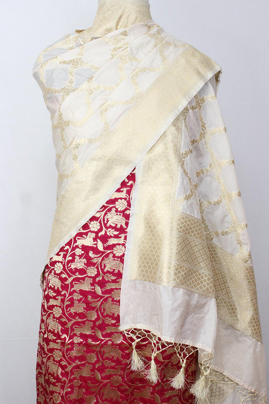 Pink Banarasi Silk Suit With Off White Banarasi Silk Dupatta - Luxurion World