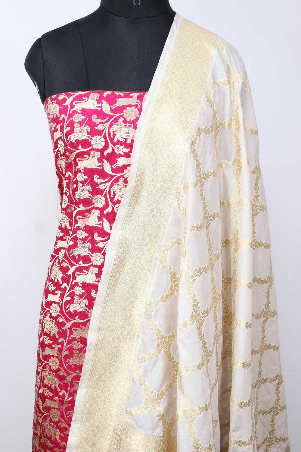 Pink Banarasi Silk Suit With Off White Banarasi Silk Dupatta - Luxurion World