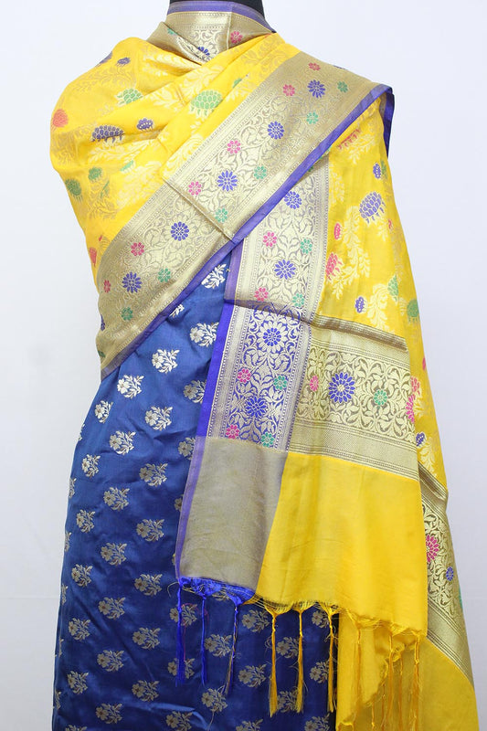 Blue Banarasi Silk Suit With Yellow Banarasi Silk Meenakari Dupatta - Luxurion World