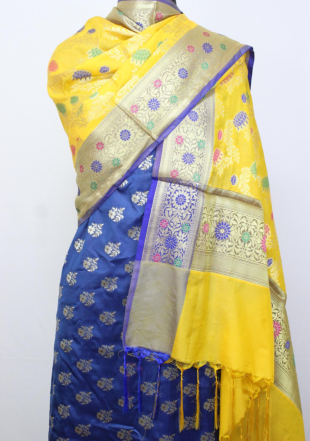 Blue Banarasi Silk Suit With Yellow Banarasi Silk Meenakari Dupatta - Luxurion World