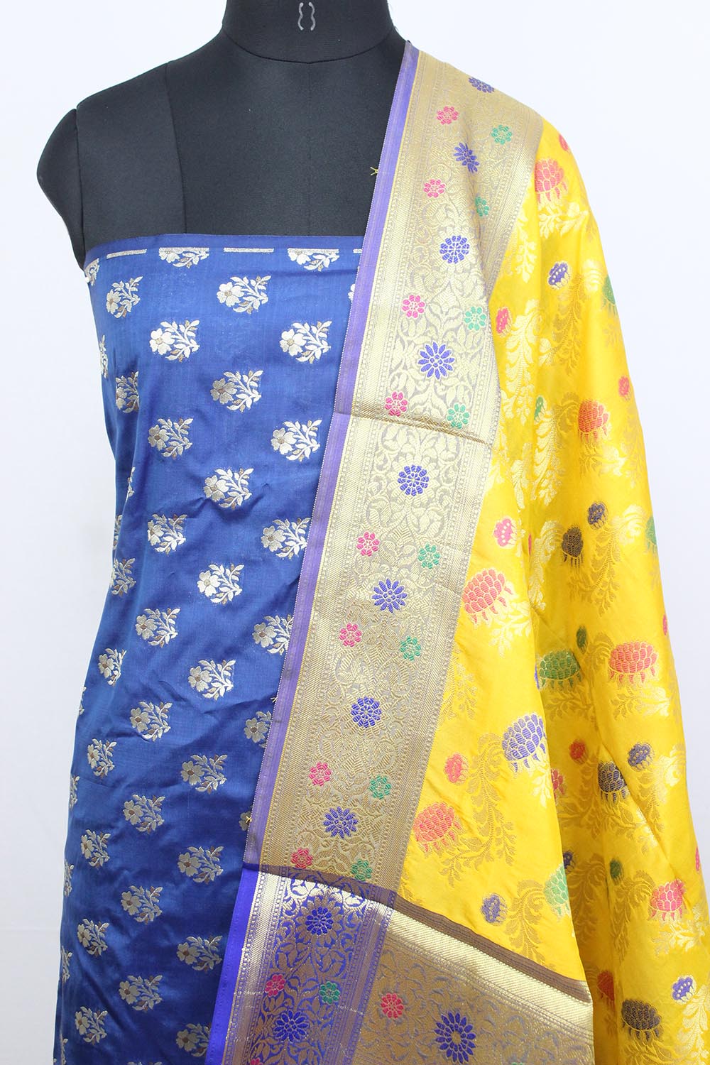 Blue Banarasi Silk Suit With Yellow Banarasi Silk Meenakari Dupatta - Luxurion World