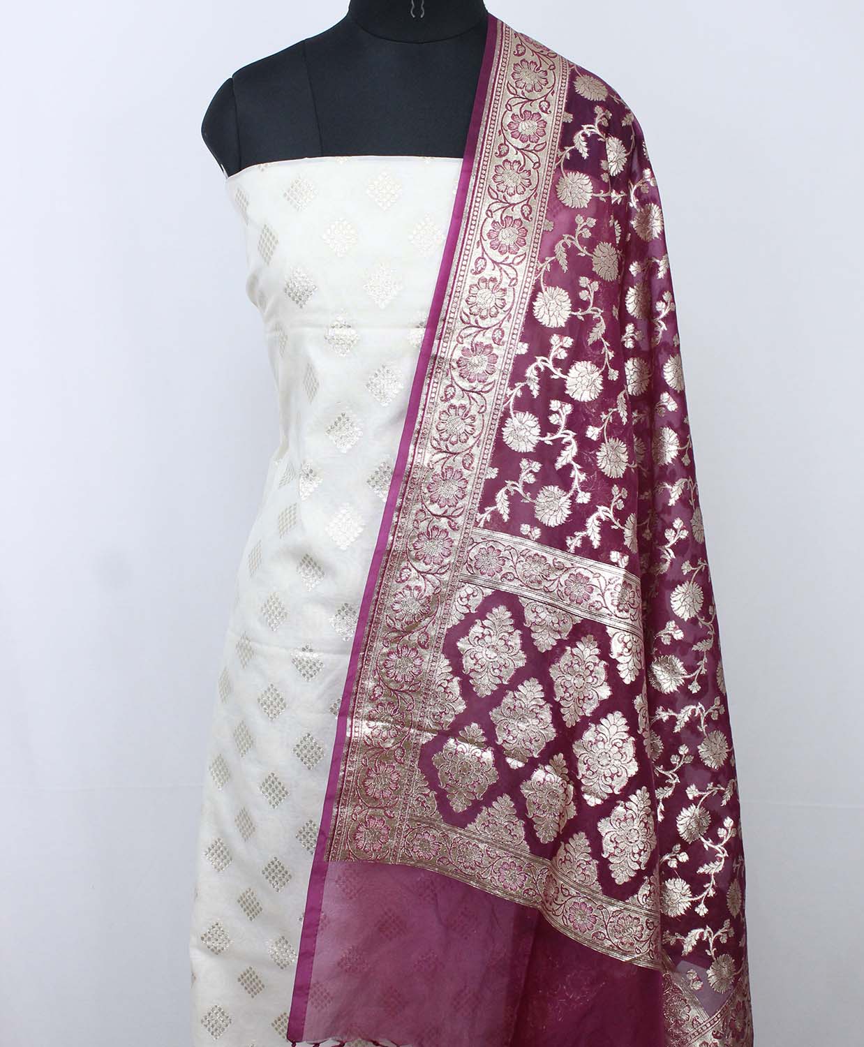 Dyeable Banarasi Cotton Silk Suit With Purple Banarasi Organza Dupatta - Luxurion World