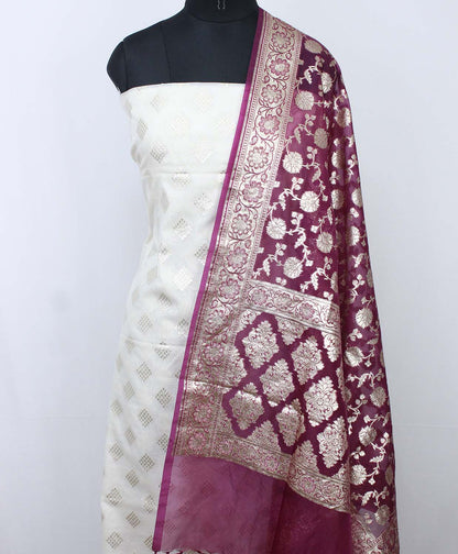 Dyeable Banarasi Cotton Silk Suit With Purple Banarasi Organza Dupatta - Luxurion World