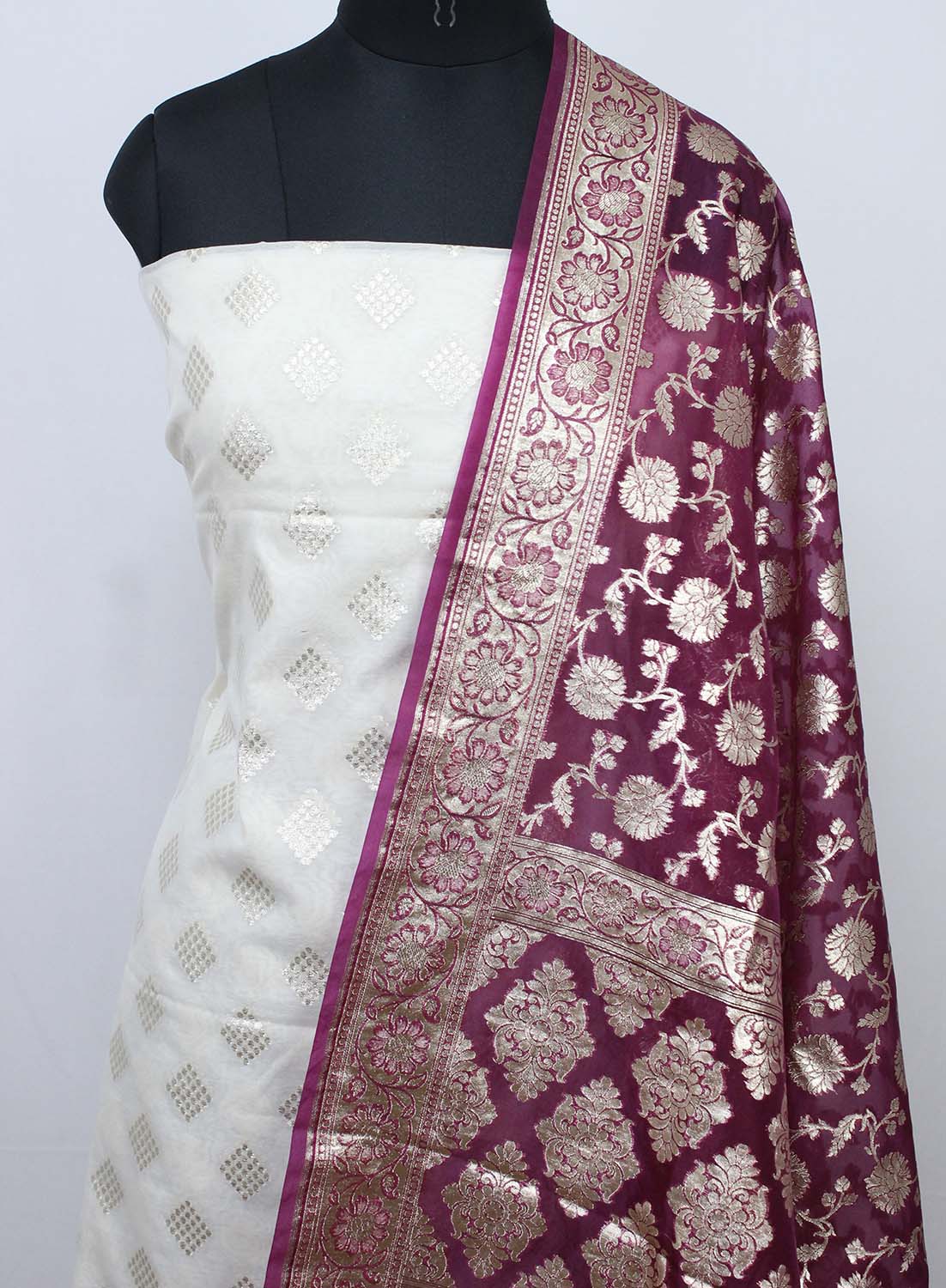 Dyeable Banarasi Cotton Silk Suit With Purple Banarasi Organza Dupatta