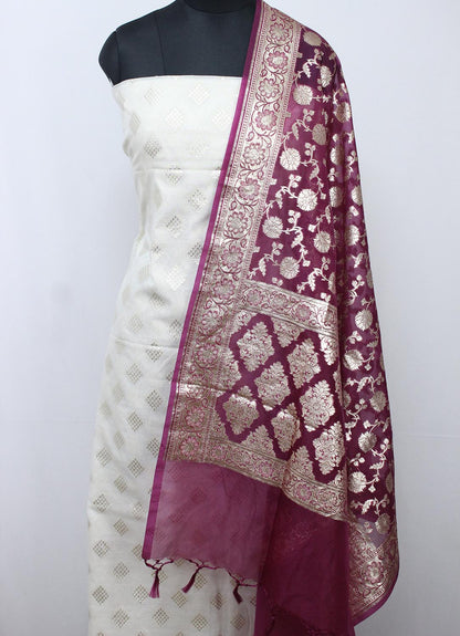 Dyeable Banarasi Cotton Silk Suit With Purple Banarasi Organza Dupatta - Luxurion World