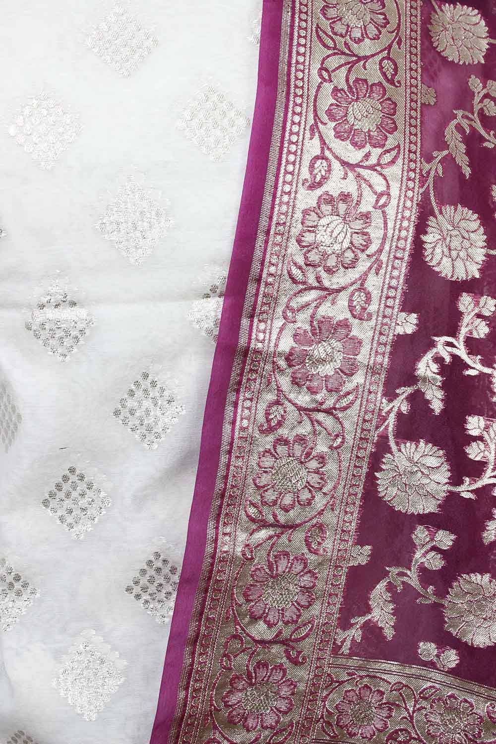 Dyeable Banarasi Cotton Silk Suit With Purple Banarasi Organza Dupatta