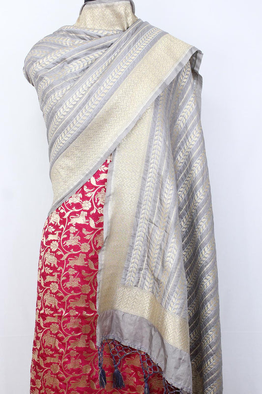 Pink Banarasi Silk Suit With Grey Banarasi Silk Dupatta - Luxurion World