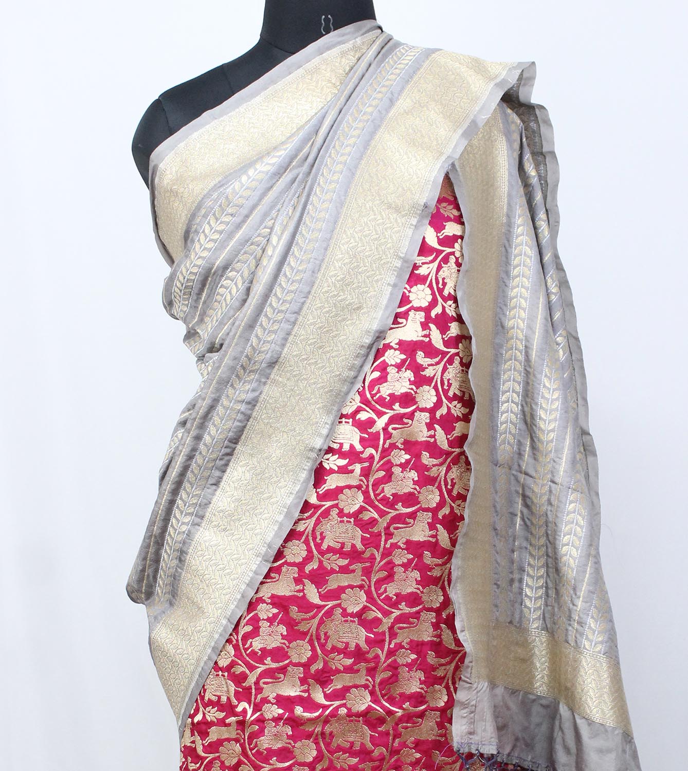 Pink Banarasi Silk Suit With Grey Banarasi Silk Dupatta - Luxurion World