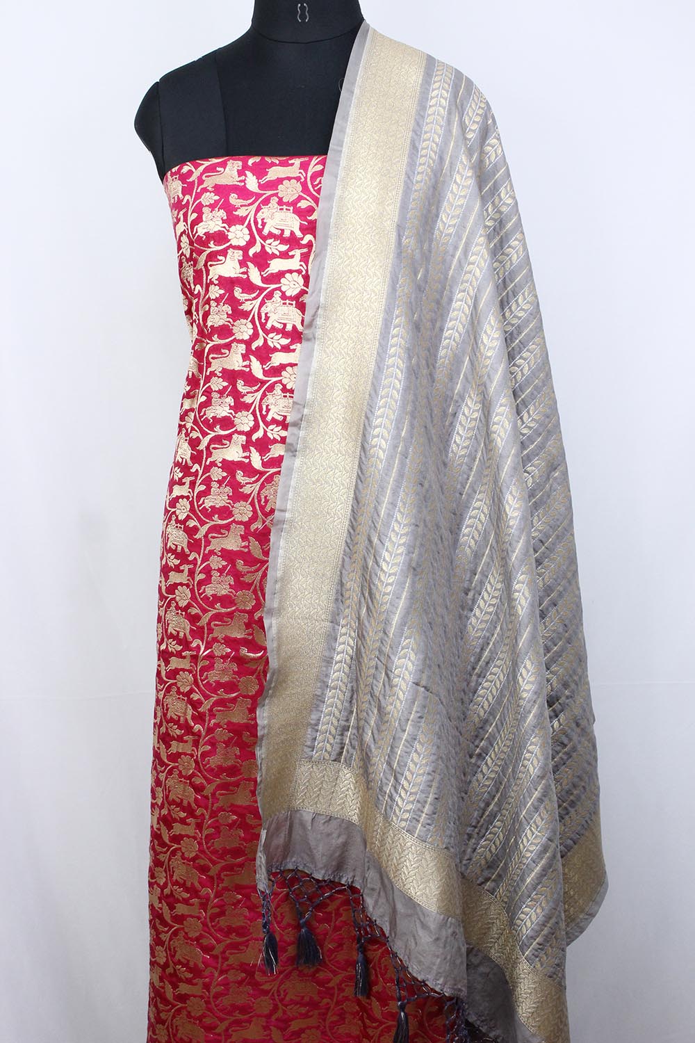 Pink Banarasi Silk Suit With Grey Banarasi Silk Dupatta - Luxurion World