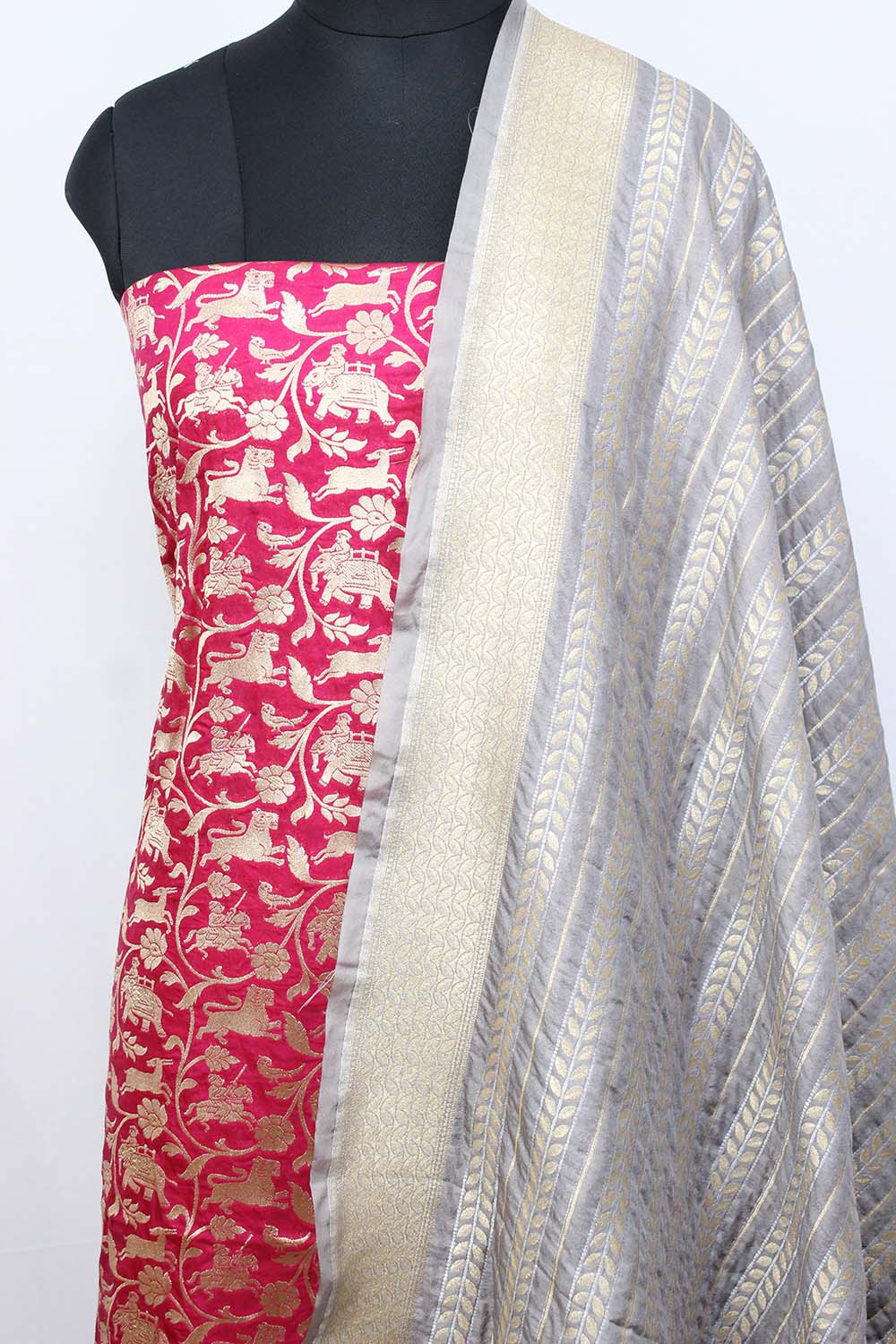 Pink Banarasi Silk Suit With Grey Banarasi Silk Dupatta - Luxurion World