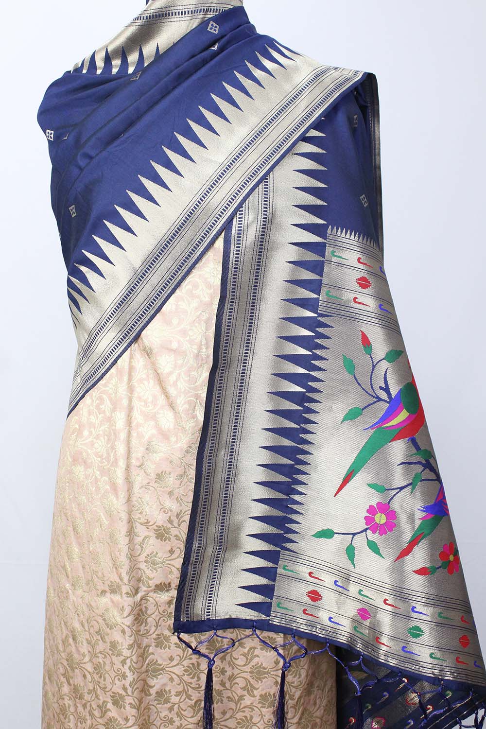Pastel Banarasi Silk Suit With Blue Paithani Silk Bird & Floral Design Dupatta - Luxurion World