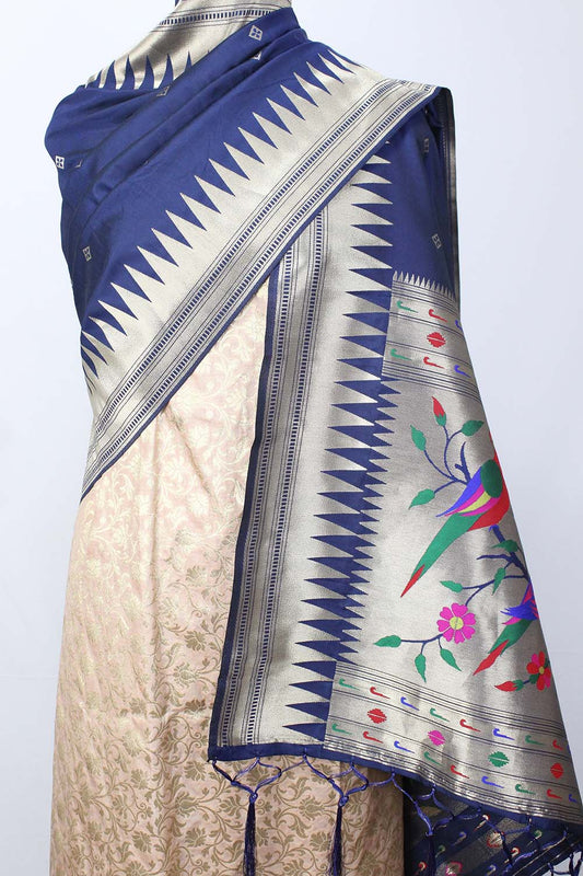 Pastel Banarasi Silk Suit With Blue Paithani Silk Bird & Floral Design Dupatta - Luxurion World