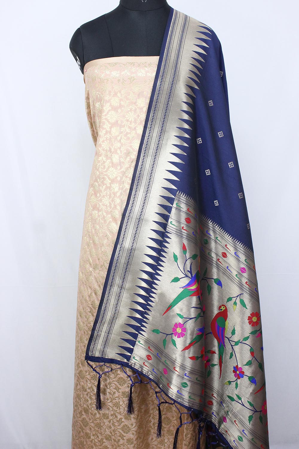 Pastel Banarasi Silk Suit With Blue Paithani Silk Bird & Floral Design Dupatta - Luxurion World