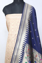 Pastel Banarasi Silk Suit With Blue Paithani Silk Bird & Floral Design Dupatta - Luxurion World