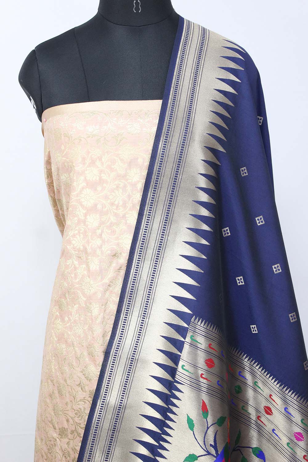 Pastel Banarasi Silk Suit With Blue Paithani Silk Bird & Floral Design Dupatta - Luxurion World