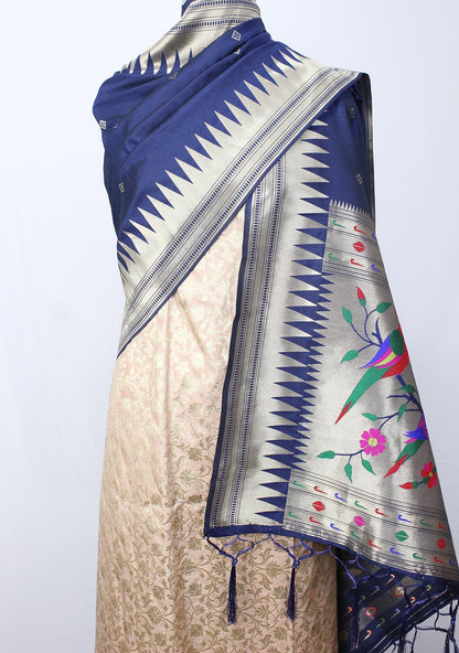 Pastel Banarasi Silk Suit With Blue Paithani Silk Bird & Floral Design Dupatta - Luxurion World