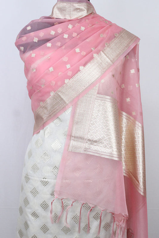 Dyeable Banarasi Cotton Silk Suit With Pink Banarasi Organza Dupatta - Luxurion World