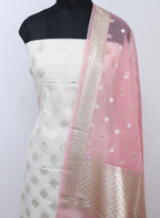 Dyeable Banarasi Cotton Silk Suit With Pink Banarasi Organza Dupatta - Luxurion World