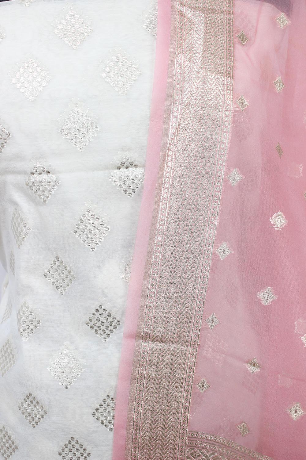 Dyeable Banarasi Cotton Silk Suit With Pink Banarasi Organza Dupatta - Luxurion World