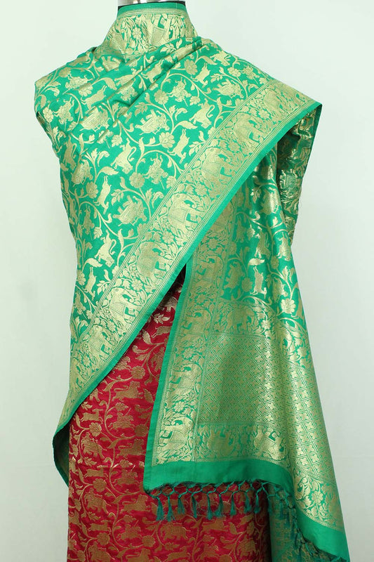 Pink Banarasi Silk Suit With Green Banarasi Silk Dupatta - Luxurion World