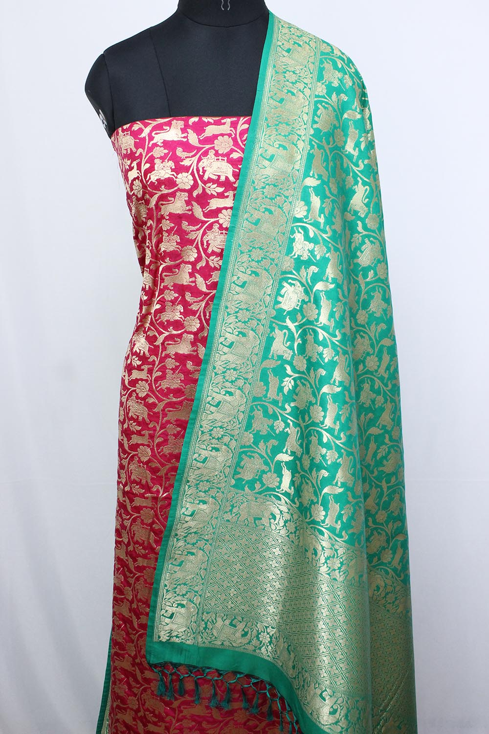 Pink Banarasi Silk Suit With Green Banarasi Silk Dupatta - Luxurion World