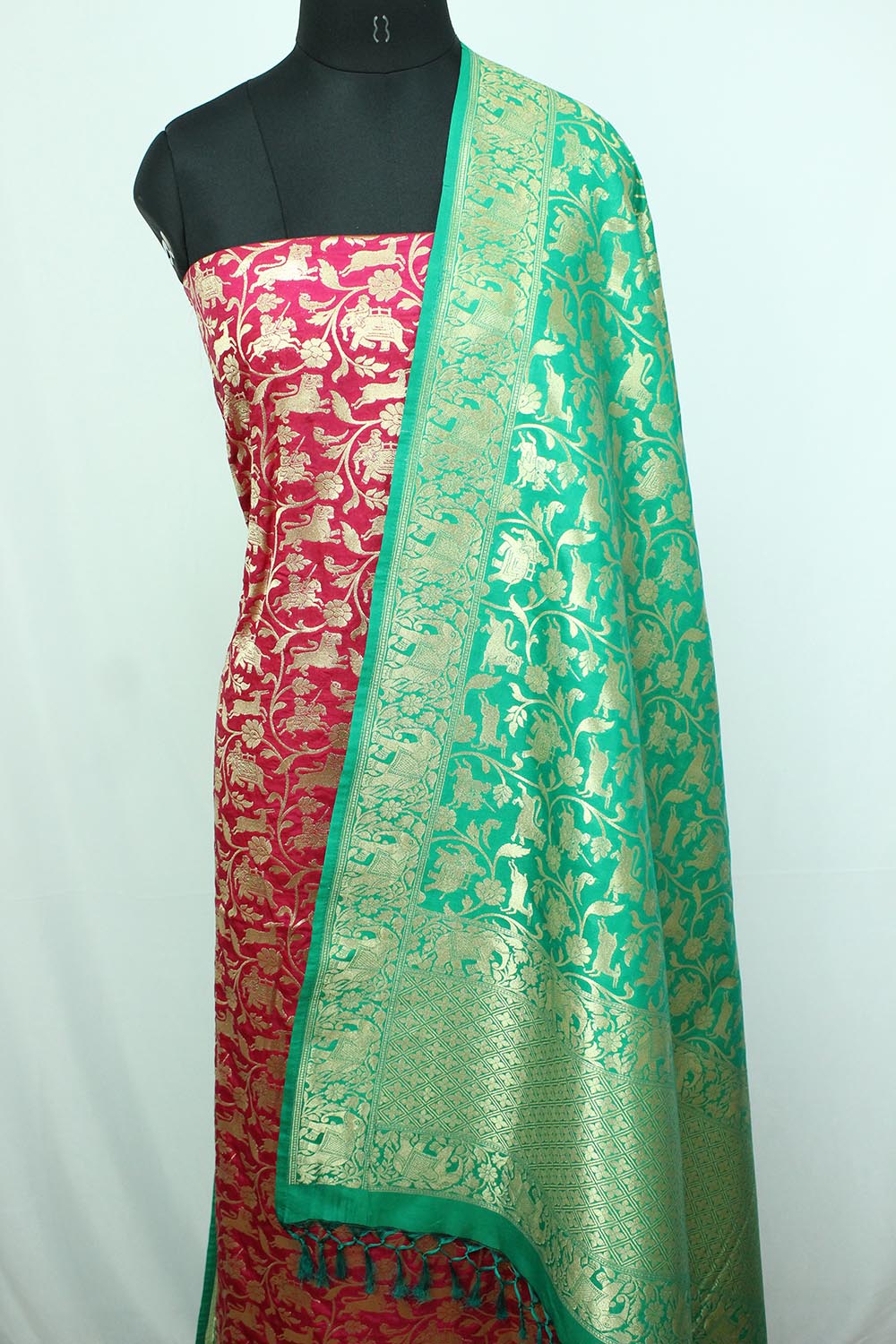 Pink Banarasi Silk Suit With Green Banarasi Silk Dupatta - Luxurion World
