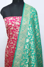 Pink Banarasi Silk Suit With Green Banarasi Silk Dupatta - Luxurion World