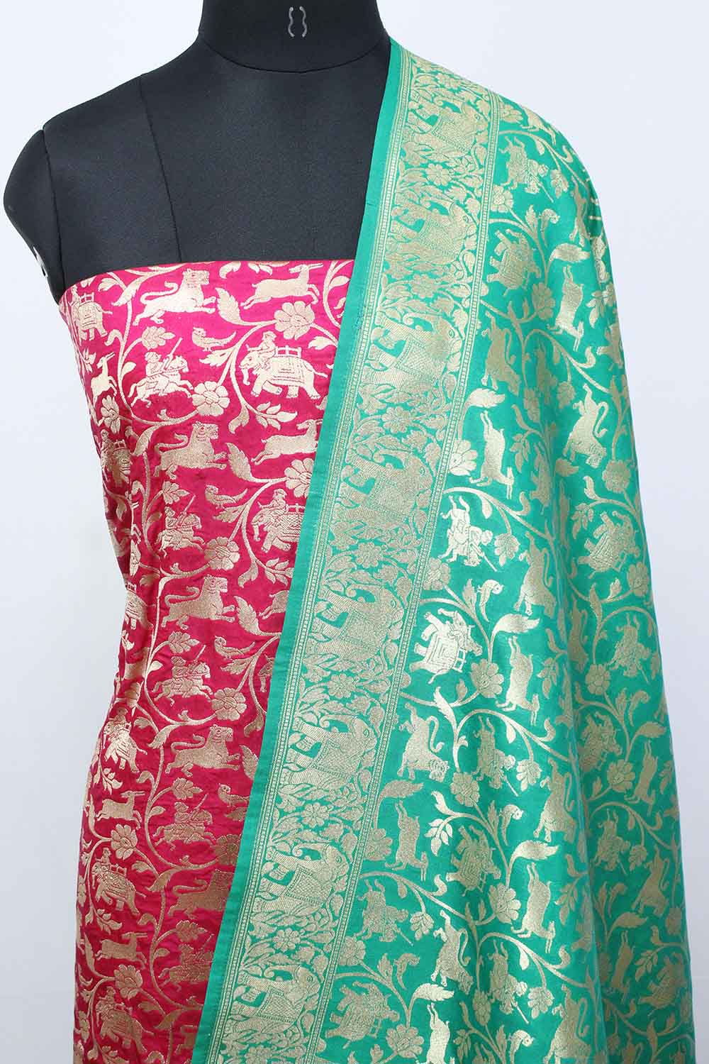 Pink Banarasi Silk Suit With Green Banarasi Silk Dupatta - Luxurion World