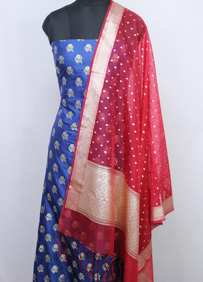 Blue Banarasi Silk Suit With Red Banarasi Organza Dupatta - Luxurion World