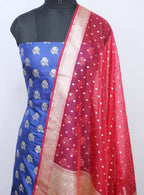 Blue Banarasi Silk Suit With Red Banarasi Organza Dupatta - Luxurion World