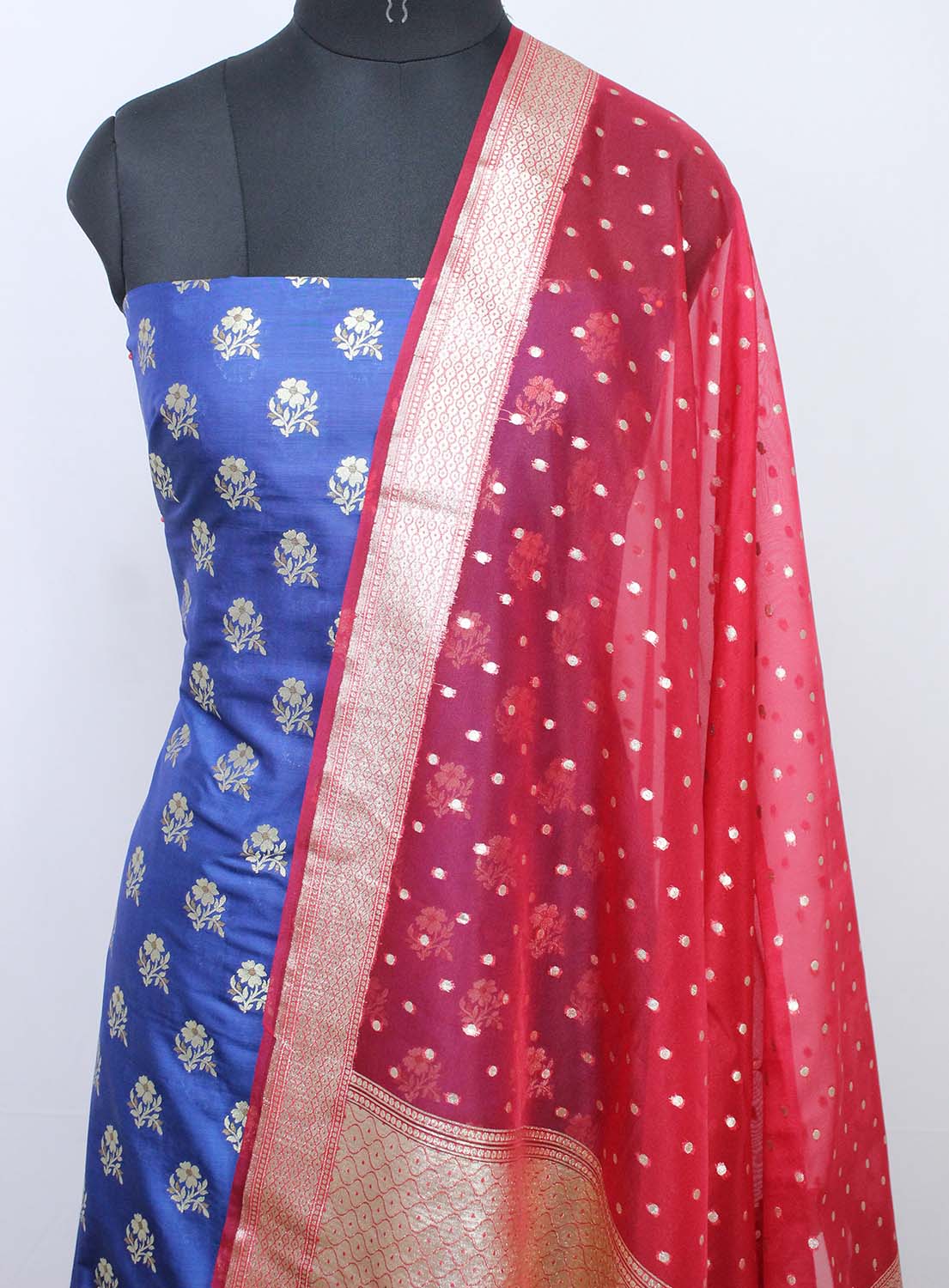 Blue Banarasi Silk Suit With Red Banarasi Organza Dupatta - Luxurion World
