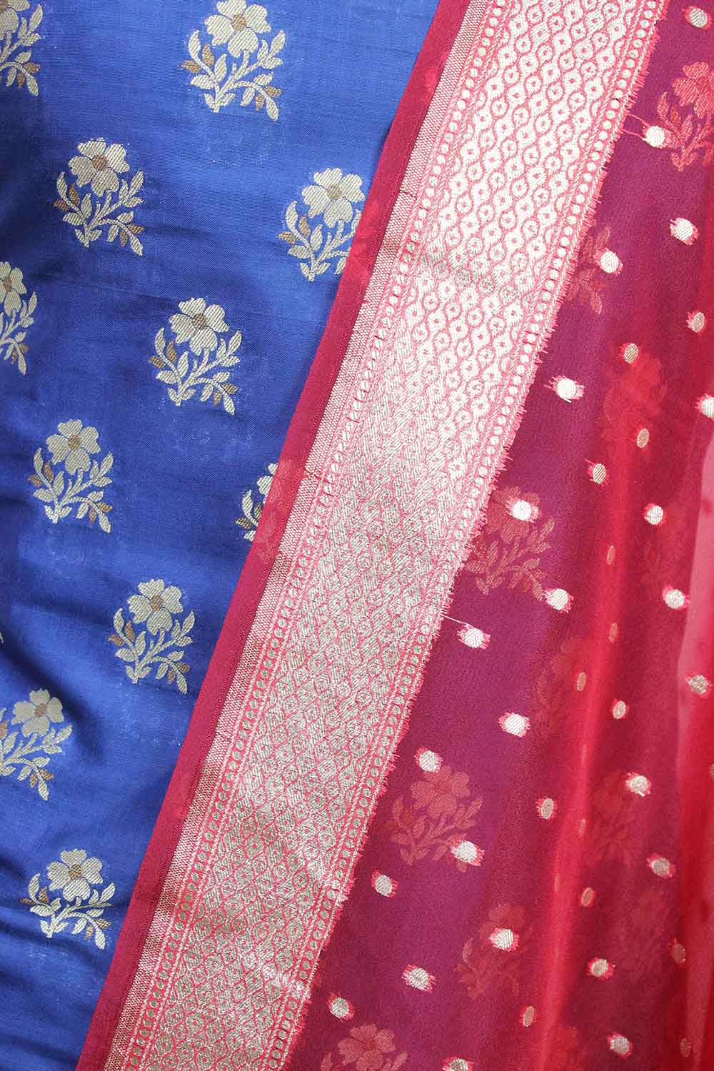 Blue Banarasi Silk Suit With Red Banarasi Organza Dupatta - Luxurion World