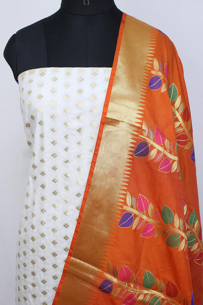 Dyeable Banarasi Silk Suit With Orange Banarasi Silk Meenakari Dupatta - Luxurion World