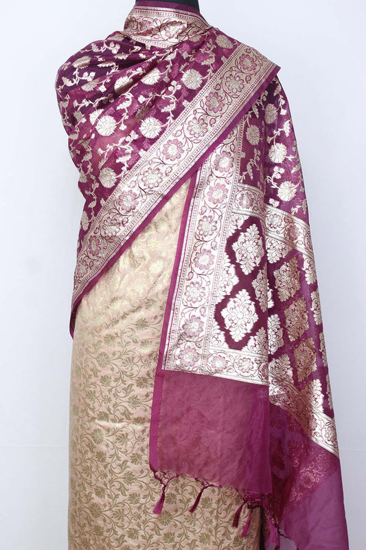 Pastel Banarasi Silk Suit With Purple Banarasi Organza Dupatta - Luxurion World