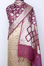 Pastel Banarasi Silk Suit With Purple Banarasi Organza Dupatta - Luxurion World