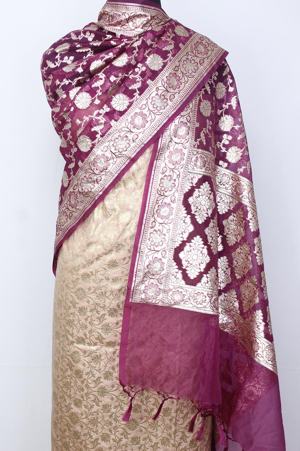Pastel Banarasi Silk Suit With Purple Banarasi Organza Dupatta - Luxurion World