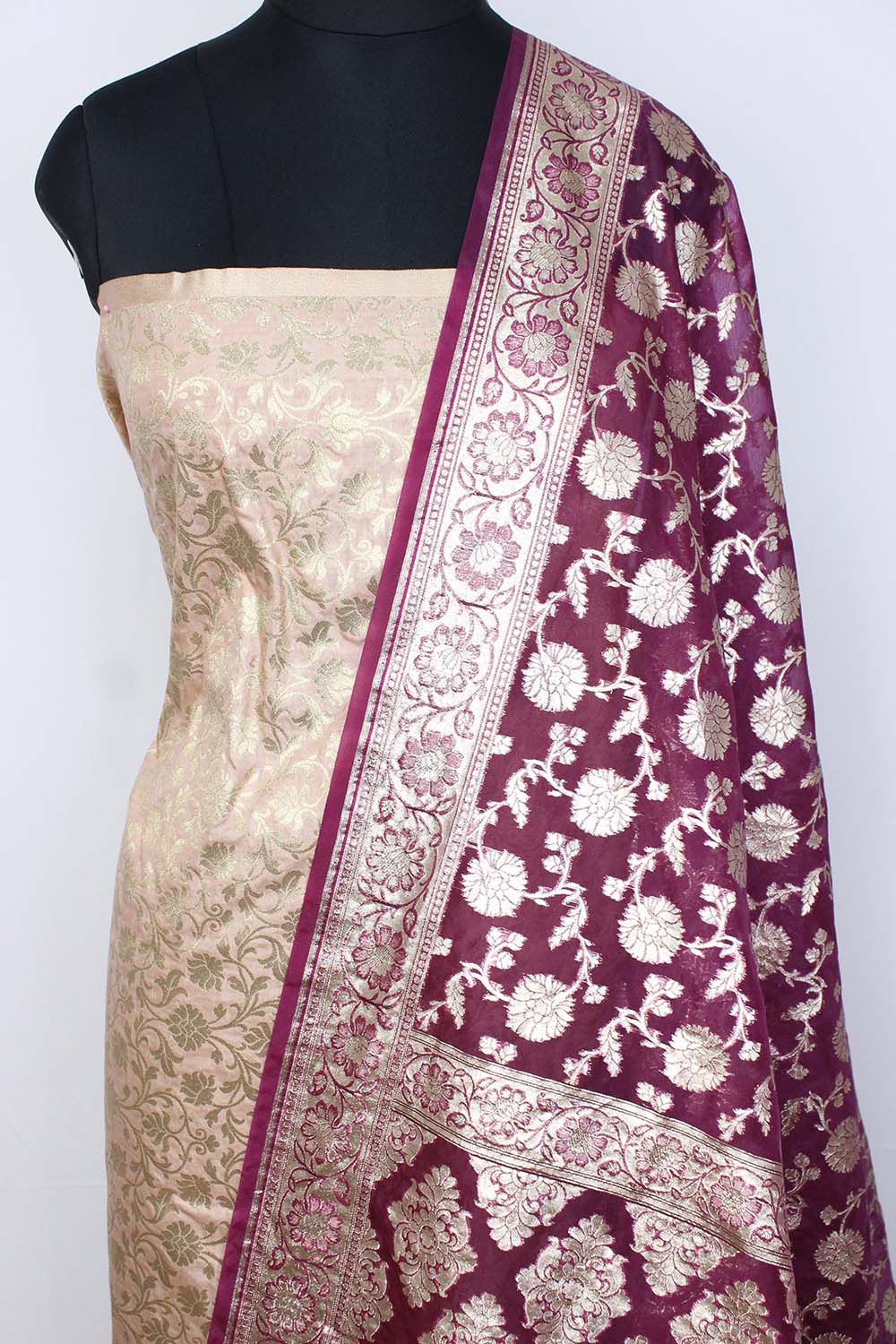 Pastel Banarasi Silk Suit With Purple Banarasi Organza Dupatta - Luxurion World
