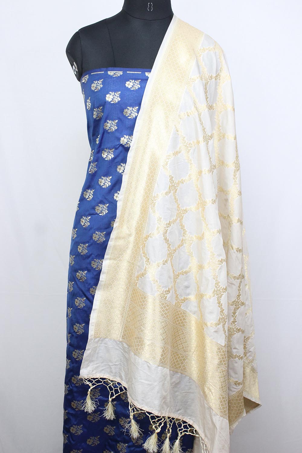 Blue Banarasi Silk Suit With Off White Banarasi Silk Dupatta - Luxurion World