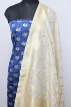 Blue Banarasi Silk Suit With Off White Banarasi Silk Dupatta - Luxurion World