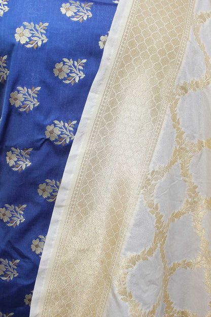 Blue Banarasi Silk Suit With Off White Banarasi Silk Dupatta - Luxurion World