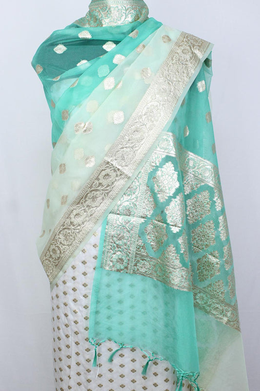 Dyeable Banarasi Silk Suit With Sea Green Shaded Banarasi Organza Dupatta - Luxurion World