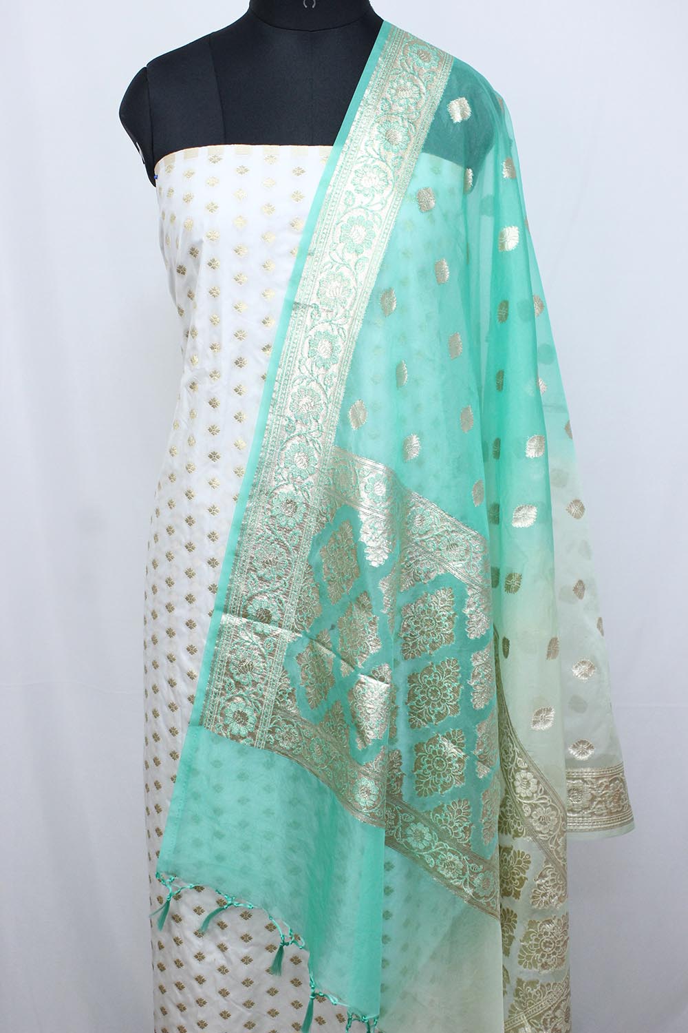 Dyeable Banarasi Silk Suit With Sea Green Shaded Banarasi Organza Dupatta - Luxurion World