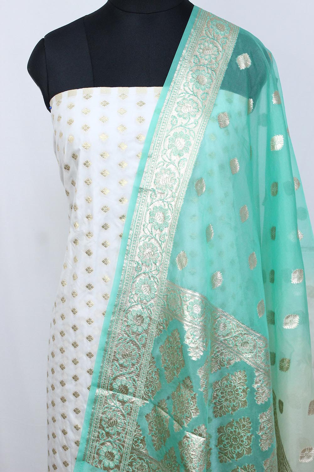 Dyeable Banarasi Silk Suit With Sea Green Shaded Banarasi Organza Dupatta - Luxurion World