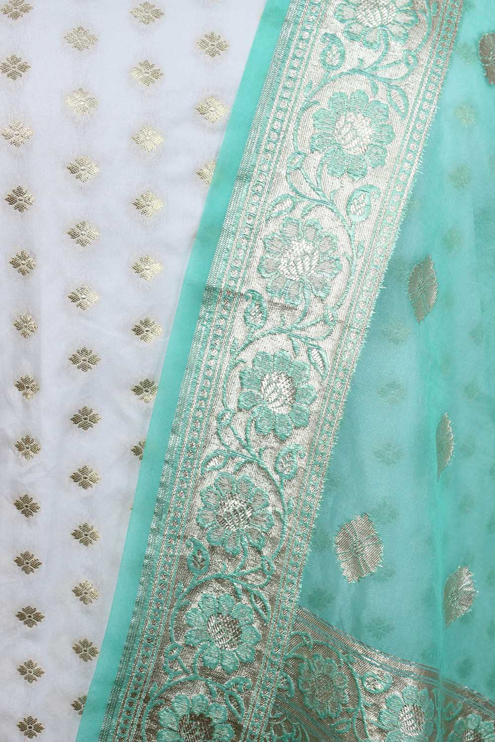 Dyeable Banarasi Silk Suit With Sea Green Shaded Banarasi Organza Dupatta - Luxurion World