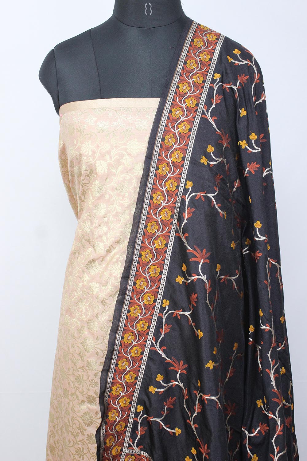 Pastel Banarasi Silk Suit With Black Banarasi Silk Dupatta