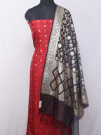 Red Banarasi Tanchui Silk Suit With Grey Banarasi Organza Dupatta - Luxurion World